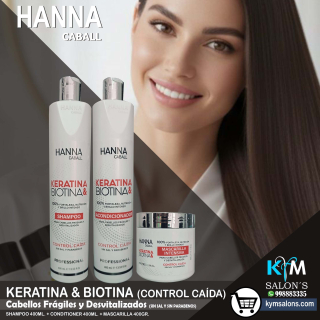 Kit Biotina & Keratina Shampoo 400ml. + Conditioner 400ml. + Máscara 400gr. Hanna Caball CodHannbio