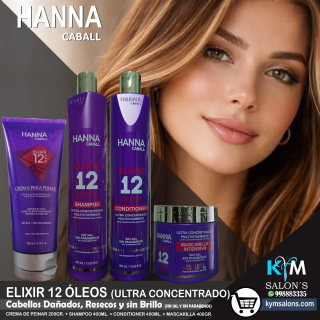 Combo Shampoo 400ml. + Conditioner 400ml. + Máscara 400gr. + Crema 200ml. Elixir 12 Óleos Hanna Caball CodHann12