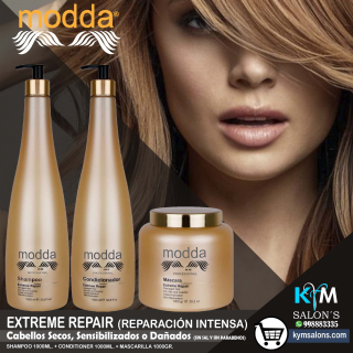 Kit Shampoo 1000ml. + Conditioner 1000ml. + Máscara 1000gr. Cabellos Dañados - Extreme Repair Modda CodRepEX