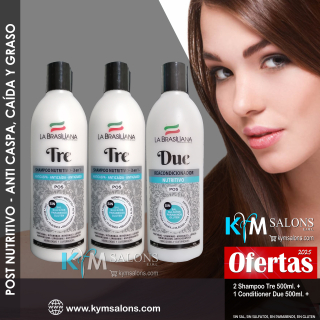 Kit 3 en 1 La Brasiliana 2 Shampoo Tre 500ml. + 1 Conditioner Due 500ml. Anti Caída, Caspa y Graso CodLaBrasSR1