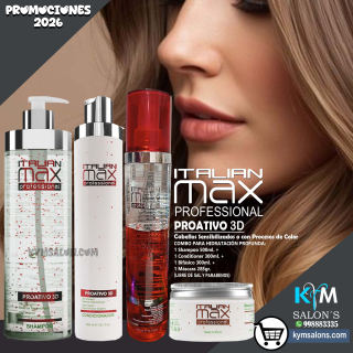 COMBO SHAMPOO 500ml. + CONDITIONER 300ml. + MÁSCARA 285gr. + BIFÁSICO 300ml. ITALIAN MAX PROATIVO 3D CodItaliM3d