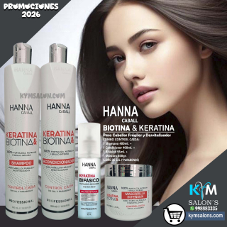 COMBO BIOTINA & KERATINA SHAMPOO 400ml. + CONDITIONER 400ml. + MÁSCARA 400gr. + BIFÁSICO 95ml. Hanna Caball CodHannbio
