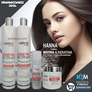 COMBO BIOTINA & KERATINA SHAMPOO 400ml. + CONDITIONER 400ml. + MÁSCARA 400gr. + LOCIÓN 50ml. Hanna Caball CodHannbio