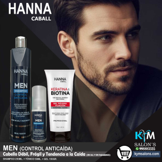 Kit Shampoo 400ml. + Gel 150gr. + 1 Loción 50ml. - Cabello Débil y Frágil Hanna Caball Men Control Anticaída CodHannmen