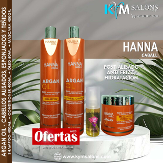Combo Shampoo 400ml. + Conditioner 400ml. + Óleo 50ml. + Máscara 400gr. Argan Oil Hanna Caball CodHannarg