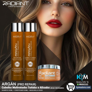 KIT: SHAMPOO 300ML. + CONDITIONER 300ML. + MÁSCARA 350GR. ARGÁN PRO REPAIR DE RADIANT CodRadProre