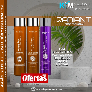 Radiant Argán Pro Repair Kit: Shampoo 300ml. + Conditioner 300ml. + Violet 300ml. Cabellos Maltratados CodRadProre