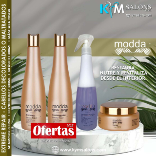 Combo Shampoo 300ml. + Conditioner 300ml. + Máscara 285gr. + Bifásico 300ml. Extreme Repair Modda Cabellos CodRepEX