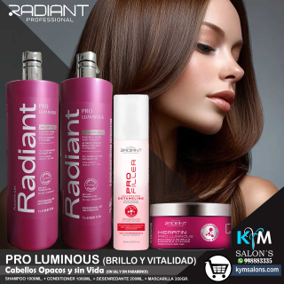 COMBO SHAMPOO 1000ml. + CONDITIONER 1000ml. + MÁSCARA 350gr. + BIFÁSICO 200ml. KERATIN PRO LUMINOUS Radiant CodRadProke