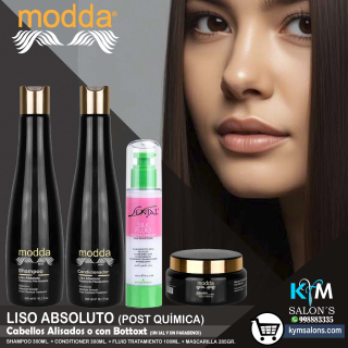 COMBO LISO ABSOLUTO SHAMPOO 300ml. + CONDITIONER 300ml. + FLUID TRATAMIENTO 100ml. + MÁSCARA 285gr. MODDA CodLisAbs