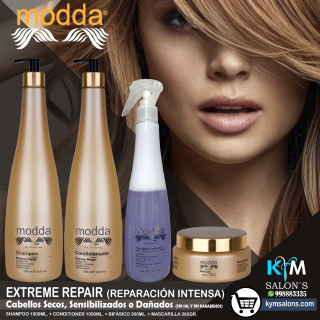 COMBO EXTREME REPAIR SHAMPOO 1000ml. + CONDITIONER 1000ml. + BIFÁSICO 300ml. + MÁSCARA 285gr. MODDA CodRepEX