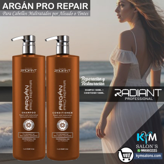 Radiant Argán Pro Repair Pack: Shampoo 1000ml. + Conditioner 1000ml. Cabellos Maltratados CodRadProre