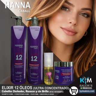 Combo Shampoo 1000ml. + Conditioner 1000ml. + Óleo 50ml. + Máscara 400gr. Elixir 12 Óleos Hanna Caball CodHann12