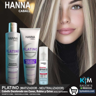 Platino Hanna Caball Kit: Shampoo 250ml. + Máscara 250ml. + Bifásico 95ml.  CodHannpl