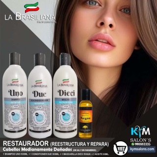 COMBO: SHAMPOO UNO 500ML. + CONDITIONER DUE 500ML. + MÁSCARA DIECI 500GR. + ACEITE 60ML. LA BRASILIANA CodLaBrasSDT