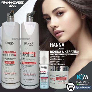 COMBO BIOTINA & KERATINA SHAMPOO 1000ml. + CONDITIONER 1000ml. + MÁSCARA 400gr. + BIFÁSICO 95ml. Hanna Caball CodHannbio
