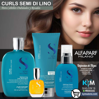 COMBO: SHAMPOO 250ml. + CONDITIONER 200ml. + CRISTAL 30ml. + CREMA 125ml. Curls Semi Di Lino de Alfaparf CodCurls