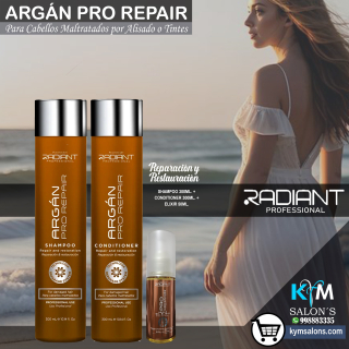 Radiant Argán Pro Repair Kit: Shampoo 300ml. + Conditioner 300ml. + Elixir 50ml. Cabellos Maltratados CodRadProre