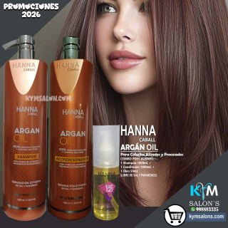 Kit Argán Oil Shampoo 1000ml. + Conditioner 1000ml. + Óleo 50ml. Hanna Caball CodHannarg