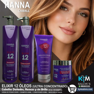 Combo Shampoo 1000ml. + Conditioner 1000ml. + Máscara 400gr. + Crema 200ml. Elixir 12 Óleos Hanna Caball CodHann12