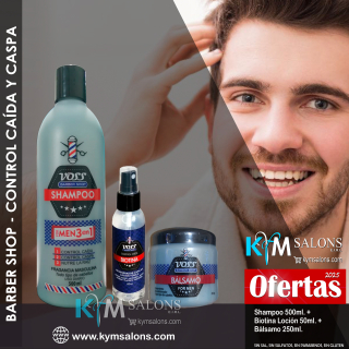 Barber Shop Kit: Shampoo 500ml. + Bálsamo 250ml. + Loción 50ml. Control Caspa, Caída y Nutrición (Voss)