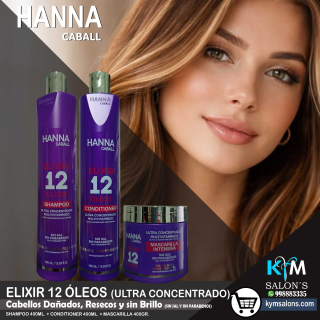 Kit Shampoo 400ml. + Conditioner 400ml. + Máscara 400gr. Elixir 12 Óleos Hanna Caball CodHann12