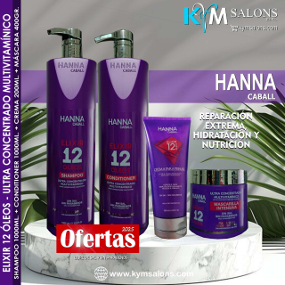 Combo Shampoo 1000ml. + Conditioner 1000ml. + Máscara 400gr. + Crema 200ml. Elixir 12 Óleos Hanna Caball CodHann12