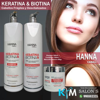 Kit Biotina & Keratina Shampoo 1000ml. + Conditioner 1000ml. + Máscara 400gr. Hanna Caball CodHannbio