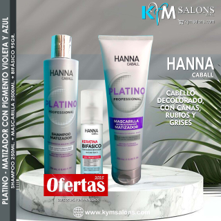 Platino Hanna Caball Kit: Shampoo 250ml. + Máscara 250ml. + Bifásico 95ml.  CodHannpl