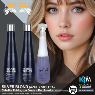 Kit Shampoo 300ml. + Conditioner 300ml. + Bifásico 300ml. Silver Blond de Modda CodSilM