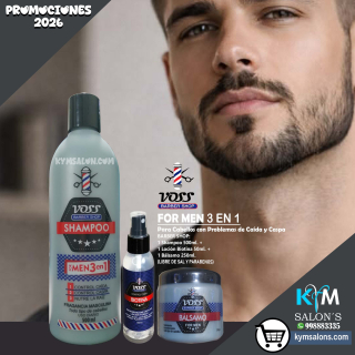 Barber Shop Kit: Shampoo 500ml. + Bálsamo 250ml. + Loción 50ml. Control Caspa, Caída y Nutrición (Voss)