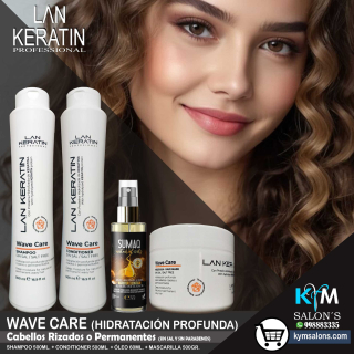 COMBO SHAMPOO 500ml + CONDITIONER 500ml. + MÁSCARA 500gr. + ÓLEO 60ml. Wave Care Lan Keratin Cabellos Rizos CodLanwcar