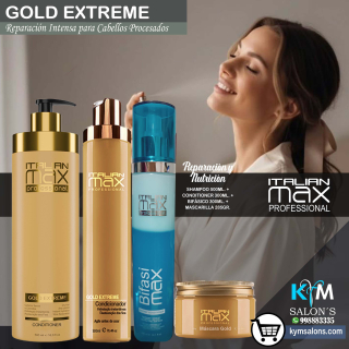Combo Shampoo 500ml. + Conditioner 300ml. + Máscara 285gr. + Bifasimax 300ml. Gold Extreme Italian Max CodItaliMG