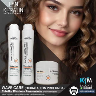Kit: Shampoo 500ml. + Conditioner 500ml. + Máscara 500gr. Wave Care Lan Keratin Cabellos Rizos CodLanwcar