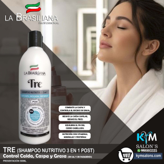 SHAMPOO TRE 500ml. La Brasiliana Post Nutritivo - 3 en 1 Anticaspa - Anticaída - Antigraso - CodLaBrasSR1