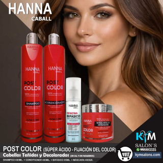COMBO POST COLOR SHAMPOO 400ml. + CONDITIONER 400ml. + BIFÁSICO ARGÁN 95ml. + MÁSCARA 400gr. HANNA CABALL CodHannpc