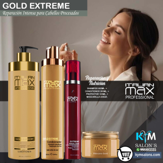 Combo Shampoo 500ml. + Conditioner 300ml. + Máscara 285gr. + Protector 120ml. Gold Extreme Italian Max CodItaliMG