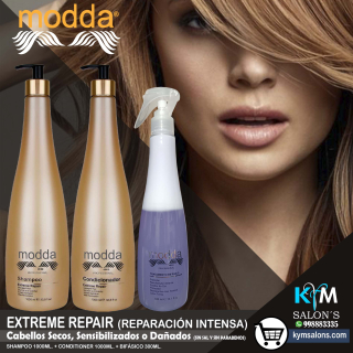 KIT EXTREME REPAIR SHAMPOO 1000ml. + CONDITIONER 1000ml. + BIFÁSICO 300ml. MODDA CodRepEX