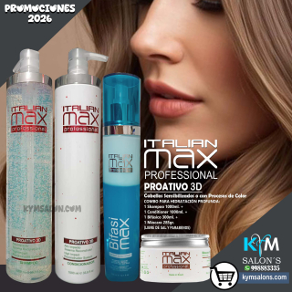 Combo Shampoo 1000ml. + Conditioner 1000ml. + Máscara 285gr. + Bifasimax 300ml. PROATIVO 3D Italian Max CodItaliM3d