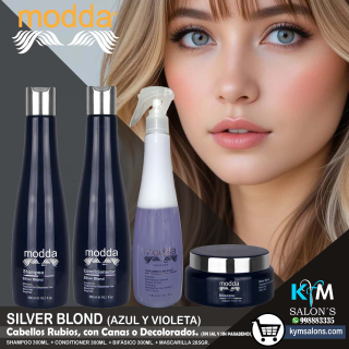 COMBO Shampoo 300ml. + Conditioner 300ml. + Bifásico 300ml. + Máscara 285gr. Silver Blond de Modda CodSilM