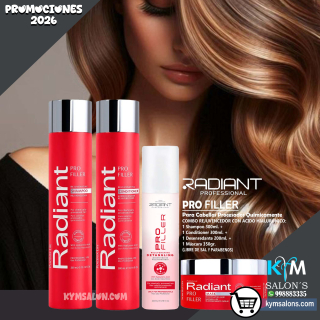 COMBO SHAMPOO 300ml. + CONDITIONER 300ml. + BIFÁSICO 200ml. + MÁSCARA 350gr. PRO FILLER DE RADIANT CodRadProfi