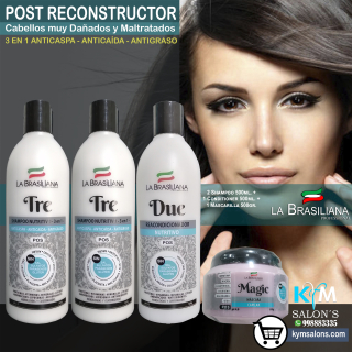 Kit 2 Tre 500ml. + 1 Due 500ml. + 1 Mágic 500ml. La Brasiliana Post 3 en 1 Daño Extremo CodLaBrasSMT