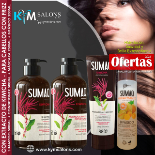 Combo Kiwicha Anti-Frizz - Shampoo 500ml. + Conditioner 500ml. + Máscara 250gr. + Bifásico 200ml. Sumaq CodSumaqki