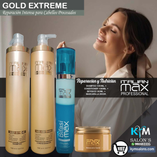 Combo Shampoo 1000ml. + Conditioner 1000ml. + Máscara 285gr. + Bifasimax 300ml. Gold Extreme Italian Max CodItaliMG