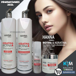 COMBO BIOTINA & KERATINA SHAMPOO 1000ml. + CONDITIONER 1000ml. + MÁSCARA 400gr. + LOCIÓN 50ml. Hanna Caball CodHannbio