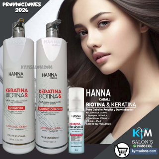Kit Biotina & Keratina Shampoo 1000ml. + Conditioner 1000ml. + Bifásico 95ml. Hanna Caball CodHannbio
