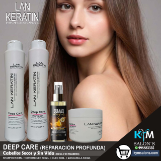 KIT SHAMPOO 500ml. + CONDITIONER 500ml. + MÁSCARA 500gr. + ÓLEO 60ml. LAN KERATIN Deep Care CodLanKerD