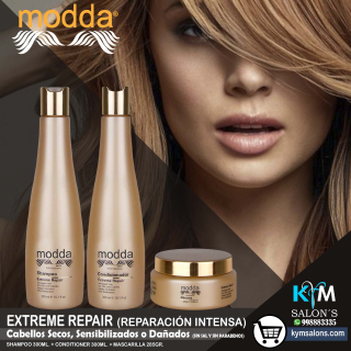 KIT EXTREME REPAIR SHAMPOO 300ml. + CONDITIONER 300ml. + MÁSCARA 285gr. MODDA CodRepEX
