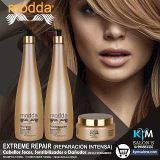 Kit Shampoo 1000ml. + Conditioner 1000ml. + Máscara 285gr. Cabellos Dañados - Extreme Repair Modda CodRepEX