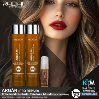 KIT: SHAMPOO 300ML. + CONDITIONER 300ML. + ÓLEO 50ML. ARGÁN PRO REPAIR DE RADIANT CodRadProre